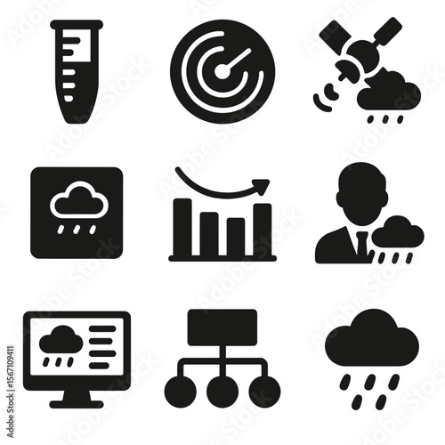 Weather Prediction Icons. Solid, filled icons set of measuring and predicting rain: rain gauge, weather radar,