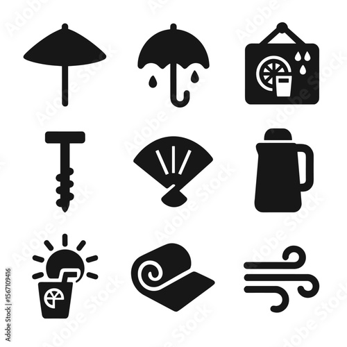 Weather-Ready Lemonade Set. Solid, filled icons set of weather-ready lemonade setups: sunshade, rain cover,