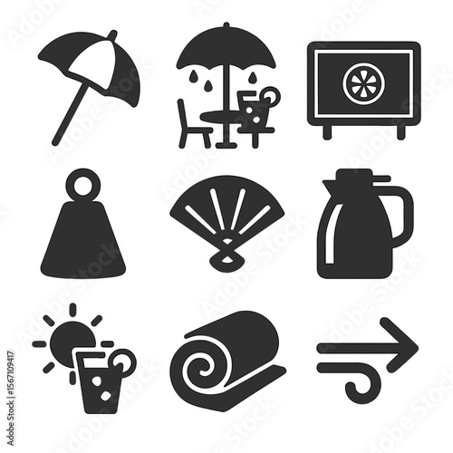 Weather-Ready Lemonade Set. Solid, filled icons set of weather-ready lemonade setups: sunshade, rain cover,