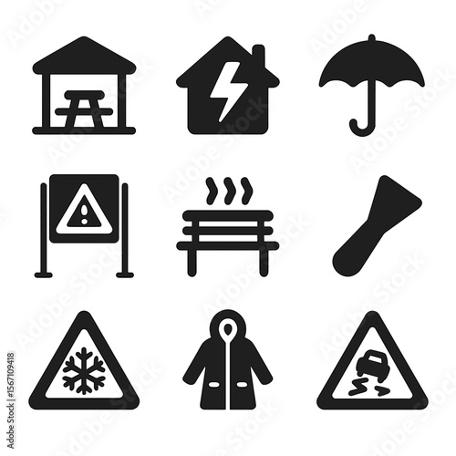 Weather Safety Icons. Solid, filled icons set of weather-safe rest stops: shaded rest area, storm shelter icon