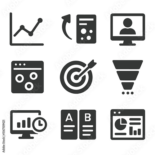 Web Analytics Icons. Solid, filled icons set of web analytics and data-driven marketing: traffic graph, bounce