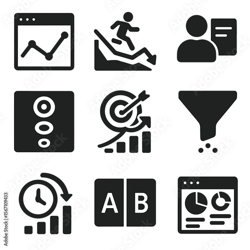 Web Analytics Icons. Solid, filled icons set of web analytics and data-driven marketing: traffic graph, bounce