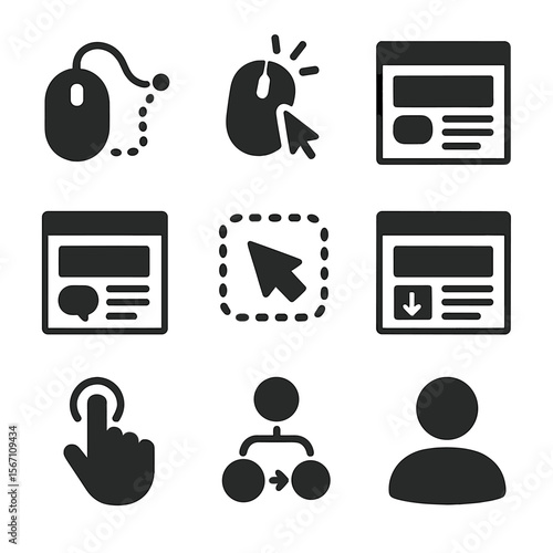 Website Behavior Icons. Solid, filled icons set of website user behavior analysis: mouse path, click icon,