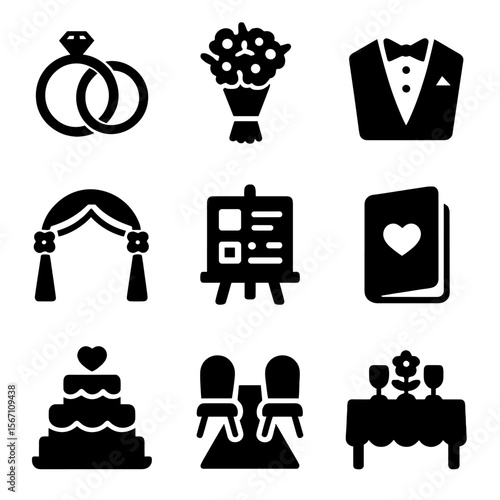 Wedding Planning Icons. Solid, filled icons set of wedding event planning: wedding rings, bouquet, tuxedo,