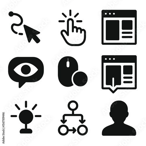 Website Behavior Icons. Solid, filled icons set of website user behavior analysis: mouse path, click icon,