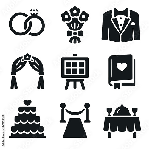 Wedding Planning Icons. Solid, filled icons set of wedding event planning: wedding rings, bouquet, tuxedo,