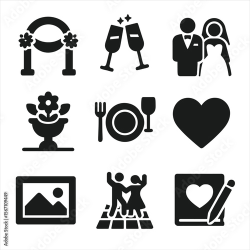 Wedding Reception Icons. Solid, filled icons set of wedding receptions: wedding arch, champagne glasses, bride