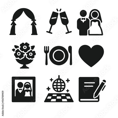 Wedding Reception Icons. Solid, filled icons set of wedding receptions: wedding arch, champagne glasses, bride