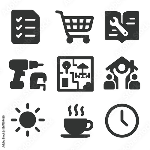 Weekend DIY Icons. Solid, filled icons set of weekend DIY family projects: supply checklist, shopping cart,