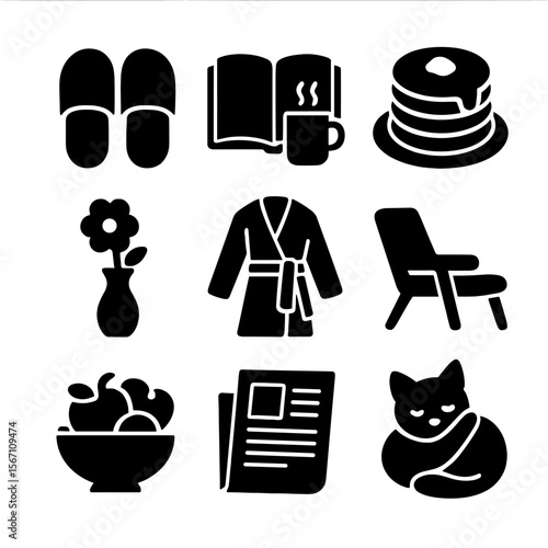 Weekend Morning Icons. Solid, filled icons set of weekend morning routine: slippers, book and coffee, pancake