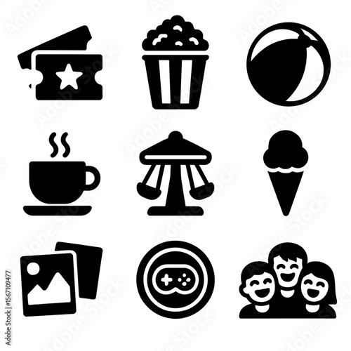Weekend Fun Icons. Solid, filled icons set of weekend hangouts and fun: movie ticket, popcorn bucket, beach