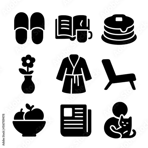 Weekend Morning Icons. Solid, filled icons set of weekend morning routine: slippers, book and coffee, pancake