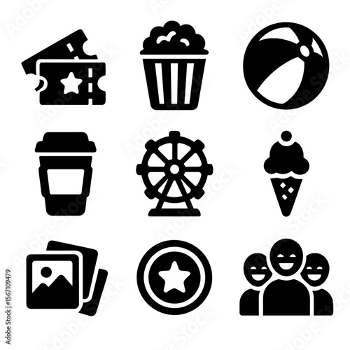 Weekend Fun Icons. Solid, filled icons set of weekend hangouts and fun: movie ticket, popcorn bucket, beach