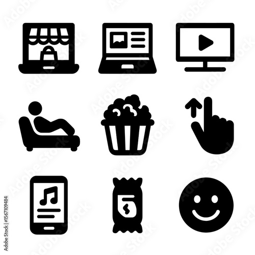Weekend Relaxation Icons. Solid, filled icons set of casual weekend laptop browsing: shopping site, blog post,