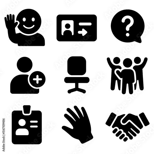 Welcoming Icons Grid. Solid, filled icons set of welcoming new friends: smiley wave, invite card, icebreaker