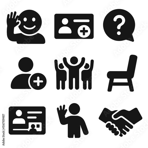 Welcoming Icons Grid. Solid, filled icons set of welcoming new friends: smiley wave, invite card, icebreaker