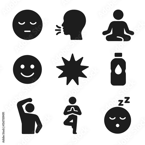 Wellness Icons Set. Solid, filled icons set of mental and physical wellness: calm face, breathing exercise,