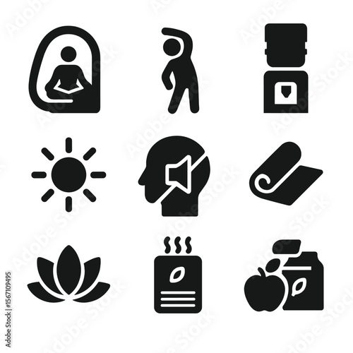 Wellness Icons Grid. Solid, filled icons set of wellness-focused remote hubs: meditation pod, stretch area,