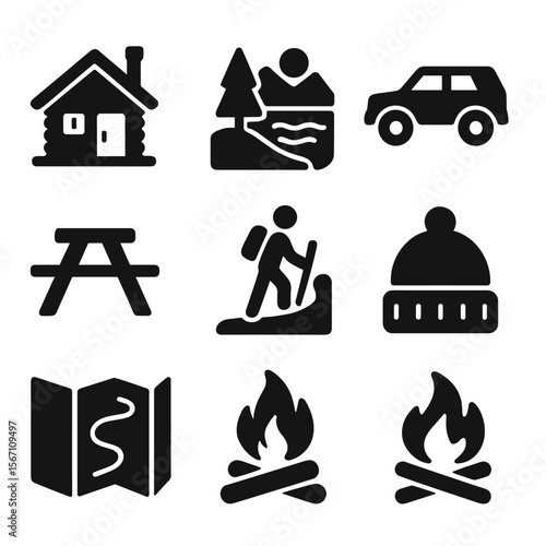 Weekend Nature Icon Set. Solid, filled icons set of weekend nature getaways: wooden cabin, scenic lake, parked