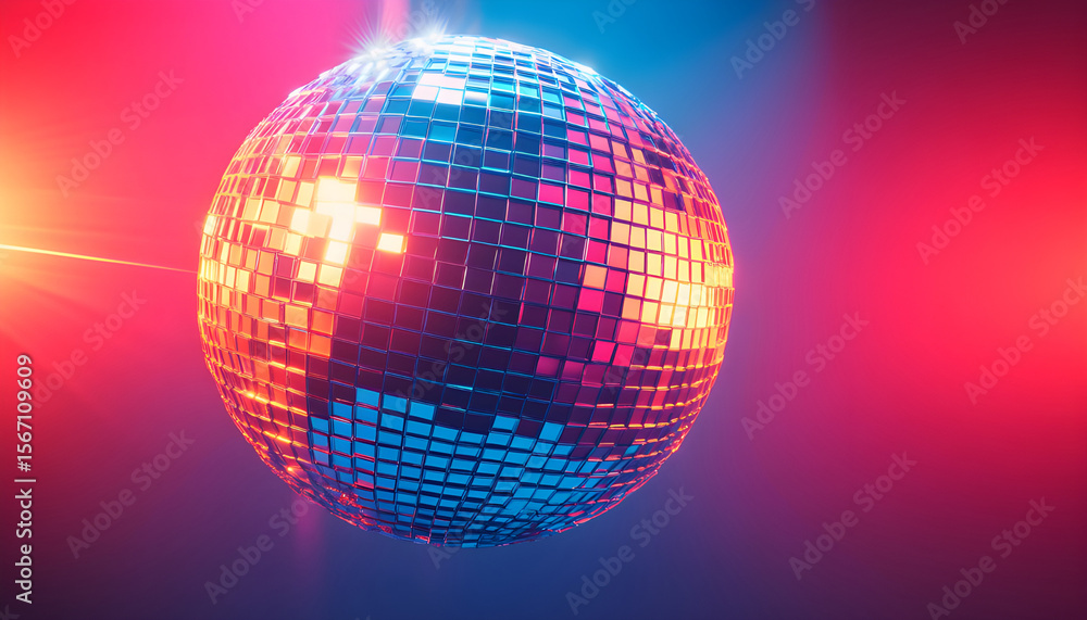 Obraz premium Disco ball reflecting light on colorful background. Nightclub decor