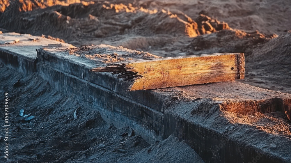 Fototapeta premium Weathered Wooden Plank on Sandy Terrain at Golden Hour Light