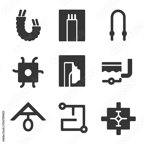 Wiring Icons Grid. Solid, filled icons set of concealed and exposed wiring types: flexible conduit, cable in