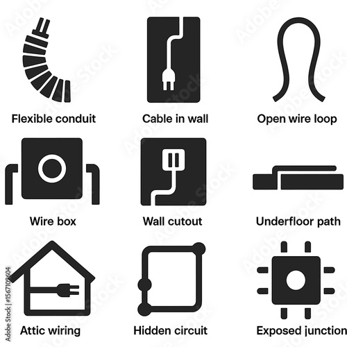 Wiring Icons Grid. Solid, filled icons set of concealed and exposed wiring types: flexible conduit, cable in