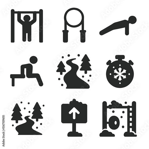Winter Workout Icons. Solid, filled icons set of winter park workouts: pull-up bar, jump rope, push-up figure,