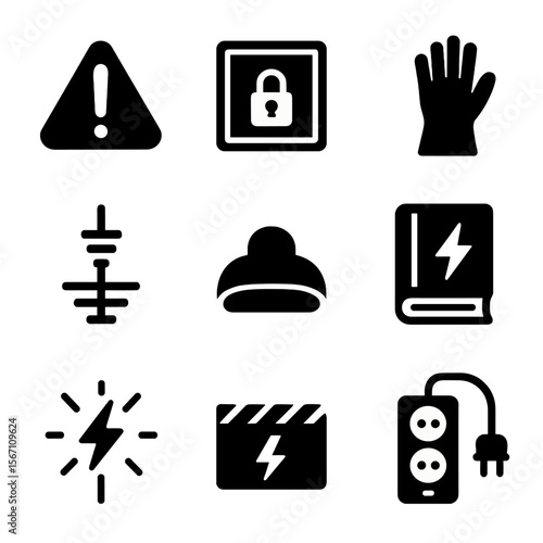 Wiring Safety Icons. Solid, filled icons set of wiring safety and standards: warning triangle, locked panel,