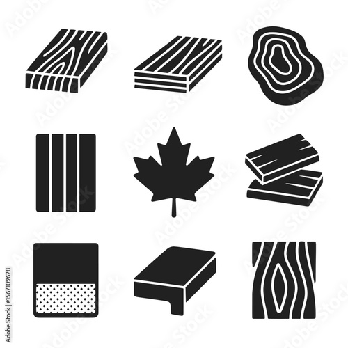 Wood Icon Collection. Solid, filled icons set of wood types for custom shelves: oak plank, pine board, walnut