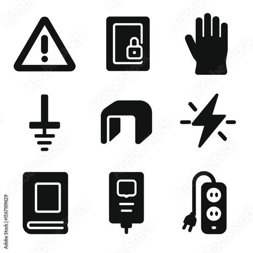 Wiring Safety Icons. Solid, filled icons set of wiring safety and standards: warning triangle, locked panel,