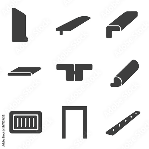 Wood Flooring Accessories Icons. Solid, filled icons set of wooden flooring accessories: baseboard trim,