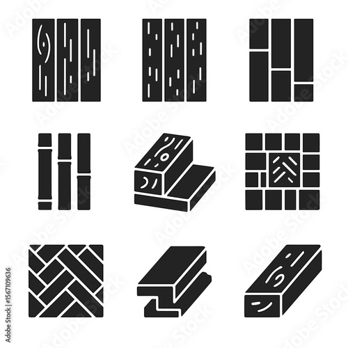 Wood Flooring Icons. Solid, filled icons set of wooden floor types: oak plank, maple board, walnut strip,