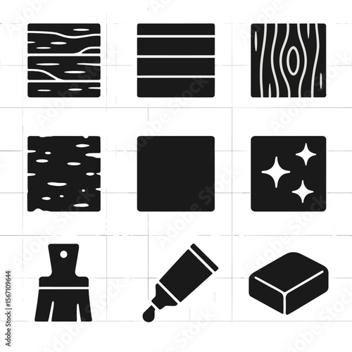 Wood Texture Icons. Solid, filled icons set of wood finishes and textures: stained plank, painted board, wood