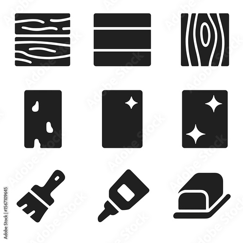 Wood Texture Icons. Solid, filled icons set of wood finishes and textures: stained plank, painted board, wood