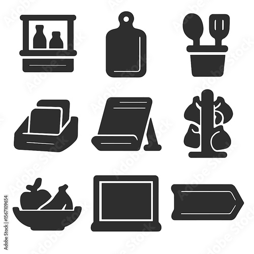 Wooden Kitchen Icons. Solid, filled icons set of wooden kitchen decor projects: spice shelf, cutting board,