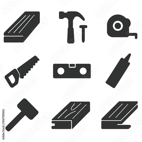 Woodworking Icons Collection. Solid, filled icons set of laying down wooden floorboards: wooden plank, hammer,