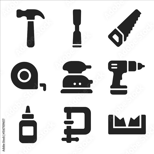 Woodworking Tools Icons. Solid, filled icons set of woodworking tools for home decor: hammer, chisel, saw,