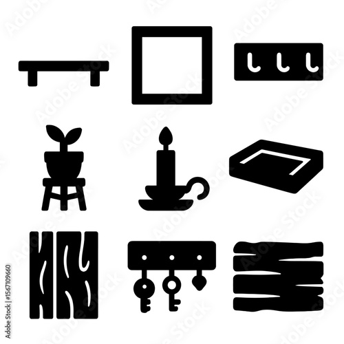 Woodworking Icon Set. Solid, filled icons set of woodworking projects for home decor: wooden shelf, picture