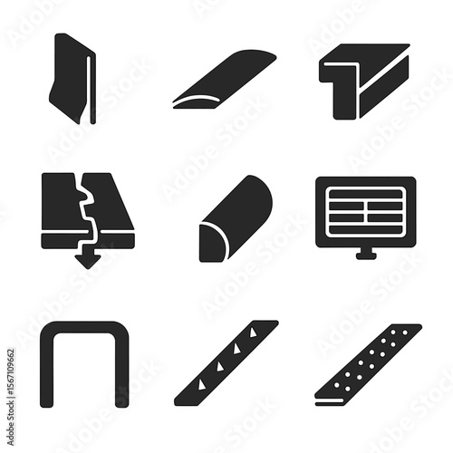Wood Flooring Accessories Icons. Solid, filled icons set of wooden flooring accessories: baseboard trim,
