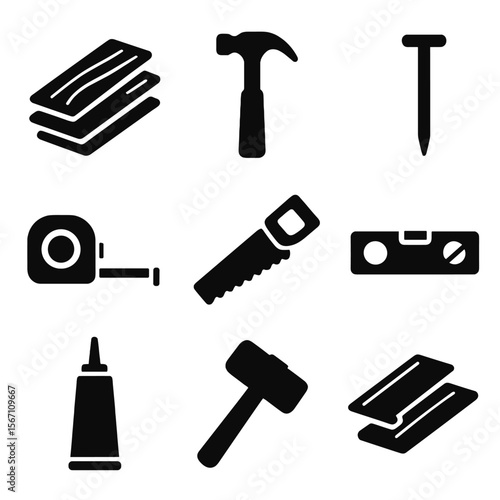 Woodworking Icons Collection. Solid, filled icons set of laying down wooden floorboards: wooden plank, hammer,