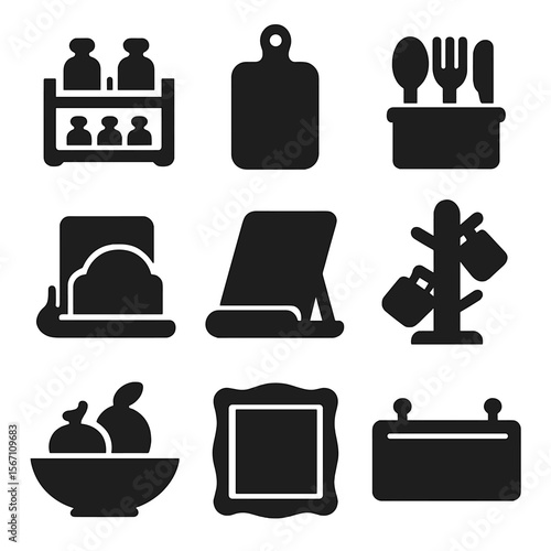 Wooden Kitchen Icons. Solid, filled icons set of wooden kitchen decor projects: spice shelf, cutting board,