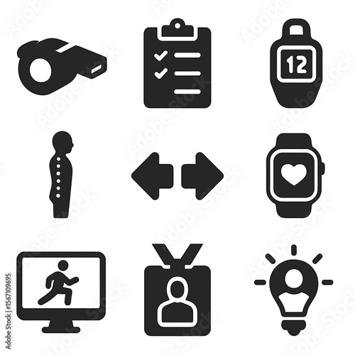 Workout Coaching Icons. Solid, filled icons set of workout coaching tools: whistle, clipboard, rep counter,