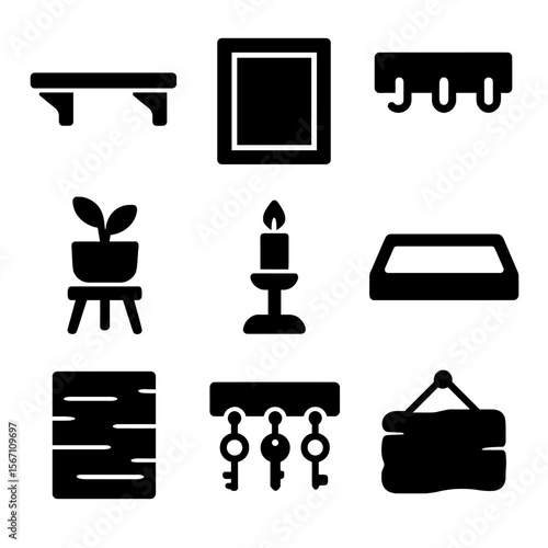 Woodworking Icon Set. Solid, filled icons set of woodworking projects for home decor: wooden shelf, picture