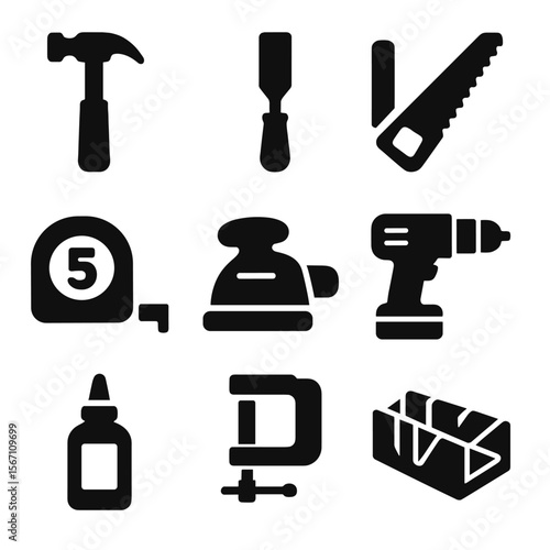 Woodworking Tools Icons. Solid, filled icons set of woodworking tools for home decor: hammer, chisel, saw,