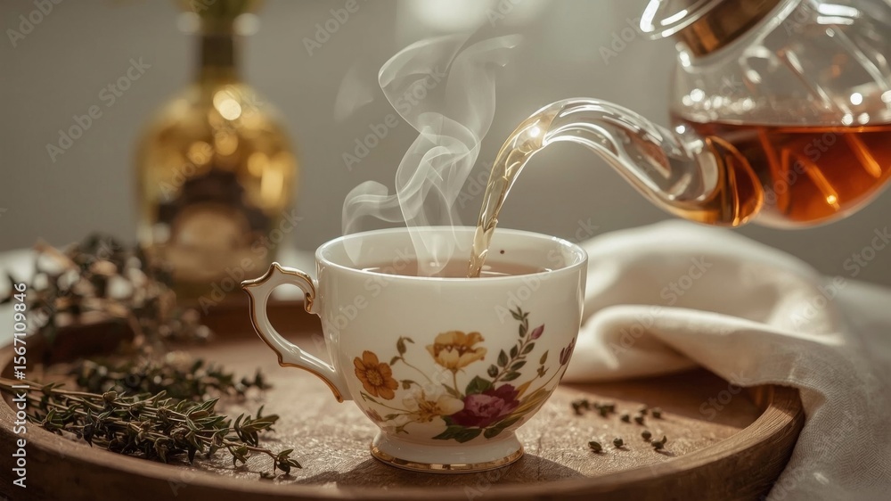 Warm tea being poured into an elegant cup with floral design, set on a wooden tray with herbs in a cozy setting Warm tea being poured into an elegant cup with floral design, set on a wooden tray with herbs in a cozy setting