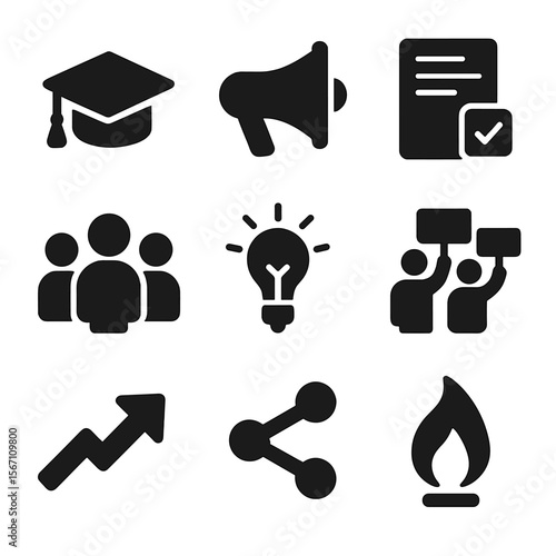 Youth Activism Icons. Solid, filled icons set of youth-led political change: student cap, rally megaphone,