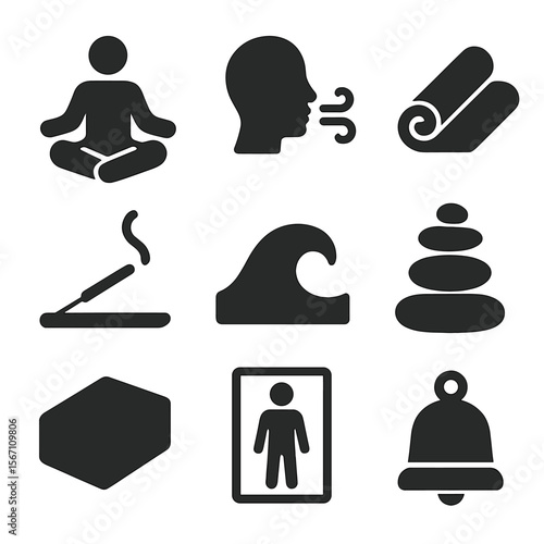 Yoga Mindfulness Icons. Solid, filled icons set of yoga and mindfulness workouts: lotus pose, breathing symbol