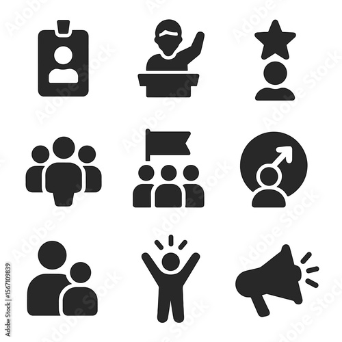 Youth Leadership Icons. Solid, filled icons set of youth speech and leadership programs: student badge, youth