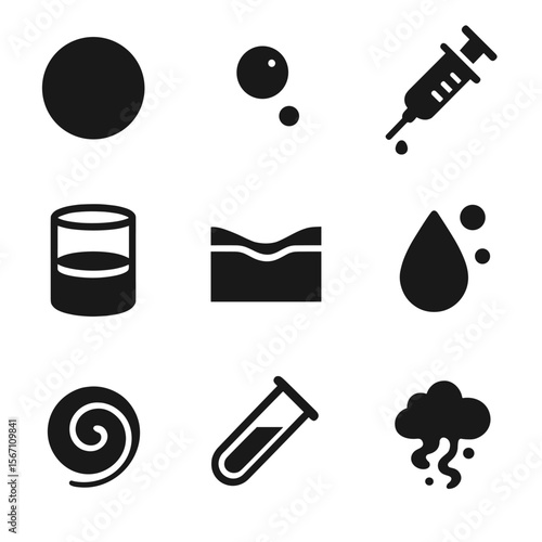 Zero Gravity Icons. Solid, filled icons set of fluid behavior in zero gravity: water sphere, air bubble, fluid
